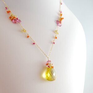 Bright Lemon Quartz Necklace with Pink Topaz and Carnelian Gemstones